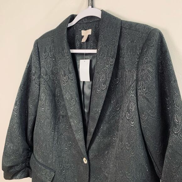 NEW LOGO Lavish Size L Metallic Jacquard Blazer Jacket Black Ruched Sleeve - Picture 4 of 12